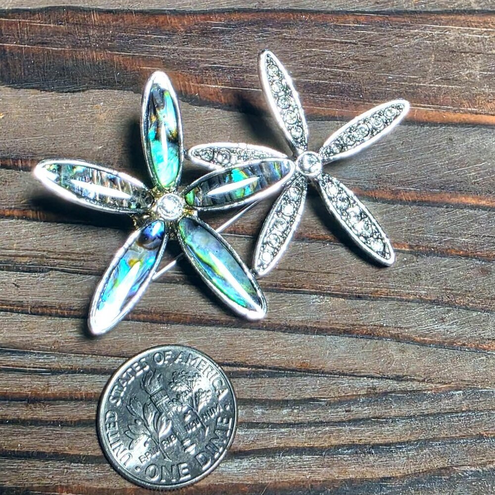 CZ Crystal Flowers Paua Abalone Shell Silver Rhodium Plate Brooch Sweater Pin - Picture 8 of 9